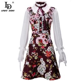 Summer Fashion Designer Mini Dress Women's Elegant Mesh Lace Patchwork Floral print Vintage Jacquard Short 210522