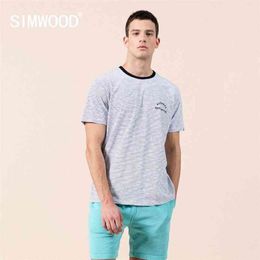 SIWMOOD summer new pinstriped t-shirt men 100% cotton letter print contrast neck plus size casual tops fashion tees 210324