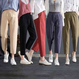 Linens Thin Loose Capri Pants Brown Black Sweatpants Summer Women's Pants Baggy High Waisted Trousers Plus Size Clothing 4XL Y211115