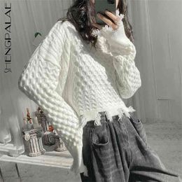 Twest Broken Edge Sweater Women's Spring Turtleneck Large Size Long Sleeve Short Knitted Pullover Tops 5B391 210427