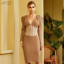 Winter Women Fashion Striped Club Party Dress Sexy V Neck Khaki Long Sleeve Celebrity Runway Bodycon Dresses Vestidos 210423