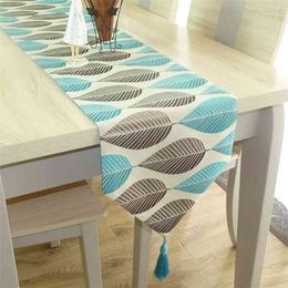 Fashion Modern Table Runner Linen Cotton Leaf Jacquard Cloth With Tassels Printed Decor Cushion Cover 210708