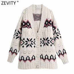 Zevity Women Vintage V Neck Flower Pattern Jacquard Cardigans Knitting Sweater Female Chic Long Sleeve Hollow Out Tops S651 210603