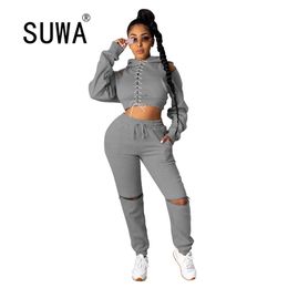 Solid Colour Off Shoulder Bandage Hoodies Sweatshirt High Waist Pants Jogger Tracksuit Women Set Sexy Club 2 Pieces Outfits 210525