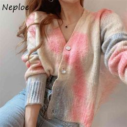 Chic Irregular Tie Dye Single Breasted Jackets Autumn Sweet Cute V-neck Knitted Sweaters Women Fashion Warm Cardigans 210422