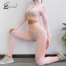 Two Piece Set Tracksuit Women Zipper Workout Long-sleeve Crop Top Tight Leggings Fitness Seamless Clothes 211105