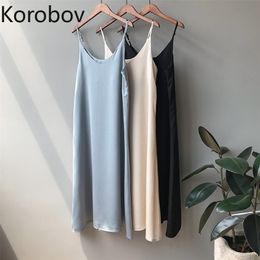 Korobov Women Silk Dress Korean Solid V Neck Spaghetti Strap Female Dresses Chic Elegant Summer Robe Femme 2a394 210430