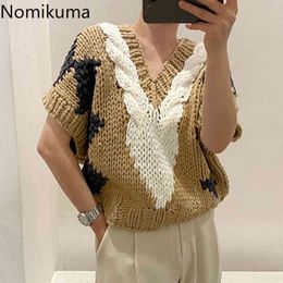 Nomikuma Korean Style Knitted Sweater Women Contrast Colour V Neck Casual Loose Pullover Vest Female Arrival Stylish Tops 210514