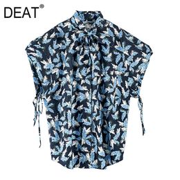 [DEAT] Summer Fashion Tops Printing Stand-up Collar Short Sleeve Drawstring Elegant Loose Shirt Women 13C743 210527