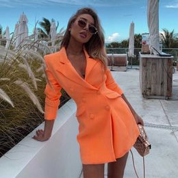 Neon Pocket Double Breasted Blazer Long Sleeve Slim Elegant Coat Jacket Women Spring Lengthen Windbreak Pure Orange Outfit 210930