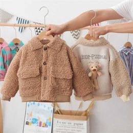 Autumn Winter Clothing Fashion Children Casual Outwear Kids Thick Lamb Wool Coat Baby Trend Girl Boy Cartoon Solid Colour Jacket 211204