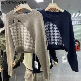 Nomikuma Sweater Two Pieces Sets Irregular Long Sleeve Extreme Short Long Sleeve Knitwear + Basic Plaid Sling Vest 6X515 211215