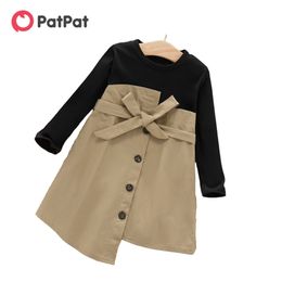 Arrival Spring and Autumn Girls Fashionable Bowknot Splice Long-sleeve Dress Trendy Children's Clothing 210528