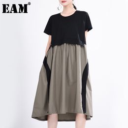 [EAM] Women Contrast Color Split Temperament Dress Round Neck Short Sleeve Loose Fit Fashion Spring Summer 1T357 21512