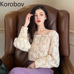 Korobov Elegant Korean Solid Lace Blouses Vintage Hollow Out Square Collar Female Shirts Summer Sweet Chic Blusas Mujer 210430