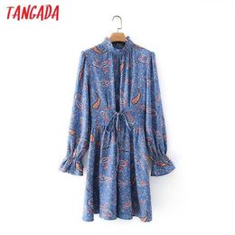 Tangada Spring Fashion Women Blue Flowers Print Ruffles Dress Vintage Office Ladies Waist Lace Up Dress With Zipper 5X07 210609