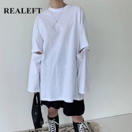 Oversize Women's T-Shirts White Bottoming Hole Long Sleeve Casual Minimalism Loose Shirt Tops Spring Summer 210428