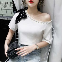 Chemisier Femme Summer Blouse Female Korean Style College Style Beaded O-Neck Bow Loose Slimming Shirt Women 10263 210527
