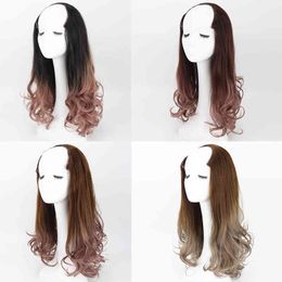 u shaped wigs UK - Wig U-shaped gradual change half head women's long curly hair split round face invisible chemical fiber wig cover