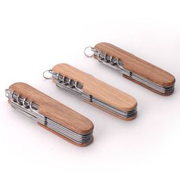 Wooden Handle Multifunctional Folding Knife Bottle Opener Keychain Scissors Portable Outdoor Camping Tool ZC867