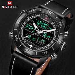 Men Watches NAVIFORCE Top Luxury Brand Leather Quartz Watch Men Fashion Dual Display Sports Digital Clock Relogio Masculino 210517