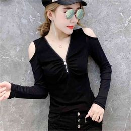 Autumn Black T-shirt Women Off-shoulder V-neck Zipper Mesh Sleeve Patchwork Slim Stretchy Cotton Tops Long T98693 210421