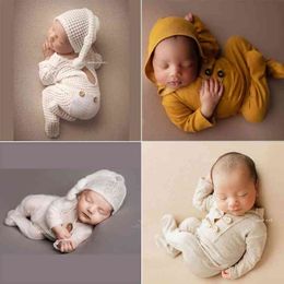 Newborn Photography Costume Romper Soft Elastic Long Hat Baby Clothes for Photo Shoot Photobooth Props Accessories 210317