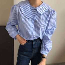Neploe Chic Striped Shirts Ropa Mujer Peter Pan Collar Loose Blouses Women Korean Lady Clothes Puff Sleeve Blusas Tops 210422