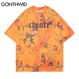 GONTHWID T-Shirts Streetwear Hip Hop Tree Leaves Leaf Print Short Sleeve Tshirts Fashion Harajuku Casual Loose Tees Summer Tops C0315