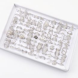 Wholesale 50pcs/Lot Rhinestone Metal Silver Vintage Jewellery Rings For Women Party Gift With Box Mix Style