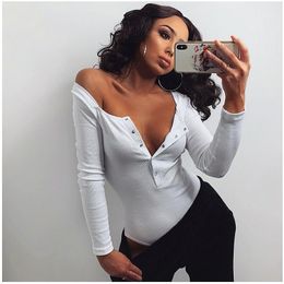 Summer Women Sexy Bodysuit Button V Neck Fashion Casual Backless Black Body Tops Short Jumpsuit Long Sleeve Women's Jumpsuits & Rompers