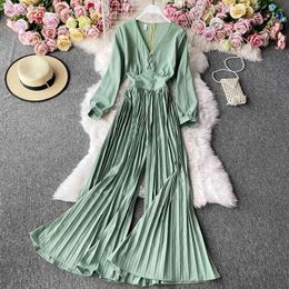 Female Spring Summer Temperament V Neck Fold Long Sleeve Solid Chic High Waist Casual Ladies Rompers 210520