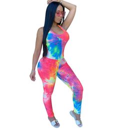 Gym Clothing Summer Ladies Sleeveless Jumpsuit Women Tie Dyeing Racking Pattern Backless Bodysuit Sexy Playsuits Sports Yogo Clothes