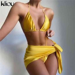 Kliou Sexy Holiday Beachwear 3 Piece Sets Women Summer Casual Backless Crop Top+Underpants+Bandage Skirt Matching Set 210730