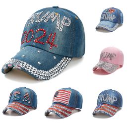 Trump 2024 Baseball Cap Party Hat Election Campanha Cowboy Caps Snapback Women Women Denim Diamond Hats 6 Style