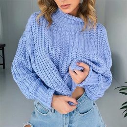 Women Jumper Solid Hollow Out Knit Sweater Sexy Drop Shoulders Roll-up Mock Neck Collar Pullover Sweaters Sweet Ladies Knitwear 211011