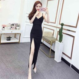 Summer Women's Dress Korean Sexy Deep V-neck Open Back High Slit Slim and Thin Sling Female es GX197 210507