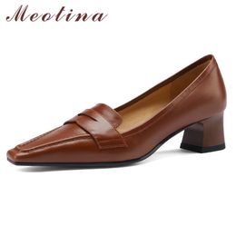 Meotina Women Pumps Genuine Leather Mid Heel Shoes Fashion Square Toe Chunky Heels Footwear Slip On Female Shoes Spring Brown 40 210520
