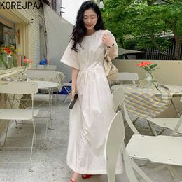 Korejpaa Women Dress Summer Korean Chic French Niche Round Neck Pleated Elastic Slimming Bell Sleeve Platycodon Vestidos 210526