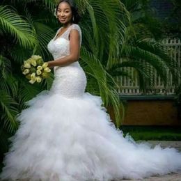 African Beaded Mermaid Wedding Dresses With Tiered Long Train Sequins Beads V Neck Real Photos Ivory White Bridal Gowns Lace-Up Plus Size Bride Dress 2022 Summer