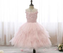 Girl's Dresses Puffy Yarn Princess Dress Wedding Flower Girl Birthday Pink Cake Children Appliqued Sleeveless Elegant Clothes