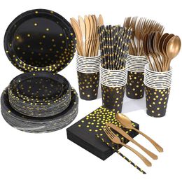Disposable Dinnerware Wedding Birthday Party Black Bronzing Gold Dots Tableware For Decor Kids Baby Shower Supplies