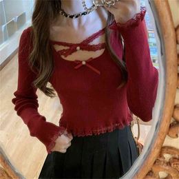 Sweet Girl Knitted Pullovers Women Lace Cross Strap Bowknot Long Sleeve Aesthetic Harajuku Kawaii Solid Short Cute Sweater 210914