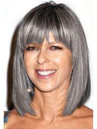 12" Straight grey wig human hair for lady salt and pepper natural high lights silver custom Grey weave wigs gluelsss 150%denstiy bob cut