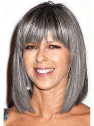 12" Straight grey wig human hair for lady salt and pepper natural high lights silver custom gray weave wigs gluelsss 150%denstiy bob cut