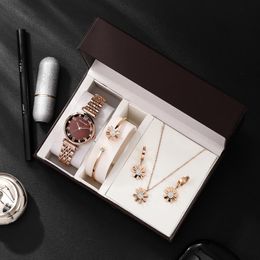 4PCS Women luxury quartz watches gift box high quality fashion stainless steel 100% band waterproof 30m with jewerly set