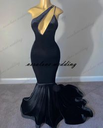 Reflective One Shoulder Velvet Black Prom Dresses Celebrity Evening Gowns Graduation Party for Girl