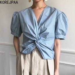 Korejpaa Women Shirt Summer Korean Chic Ladies Elegant Temperament V-Neck Cross-Knot Design Loose Puff Sleeve Blouses 210526