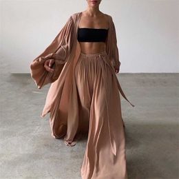 Women 3 Piece Sets Homewear Fashion Casual Lantern Sleeve Cardigan Tops+Wide Leg Pants Suits Lady Spring Soft Three Outfit 210930