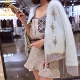 Autumn & Winter Knitting Sweater Cardigan Solid Color Diamond Mosaic Mink Cashmere Sweaters Female Jacket Coats 210520